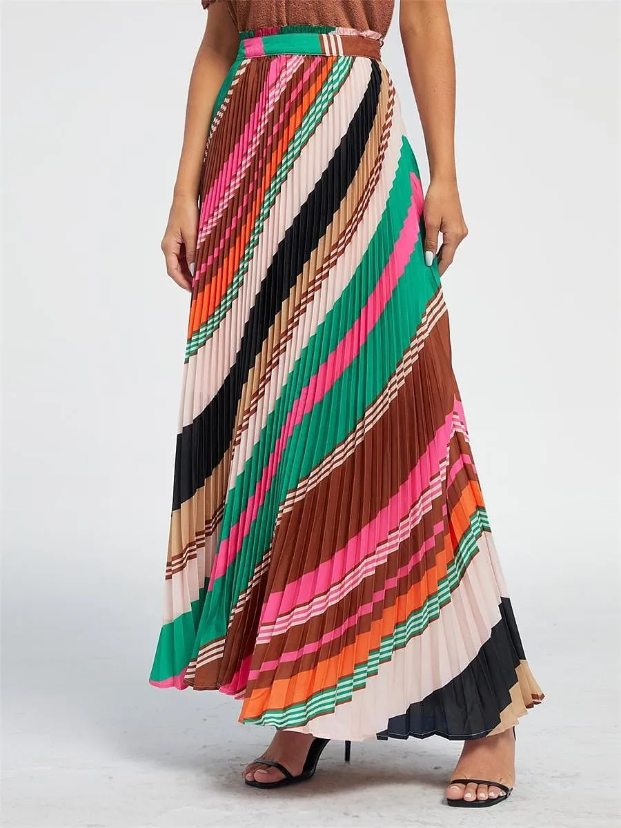 Rainbow Pleated Maxi Skirt for Women - Available in Sizes S, M, L