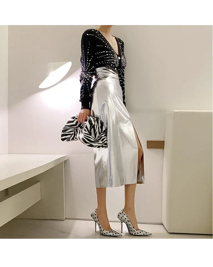 Reflective patent leather skirt with high waist and side slit - Buy now