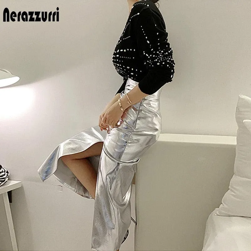 Reflective patent leather skirt with high waist and side slit - Buy now