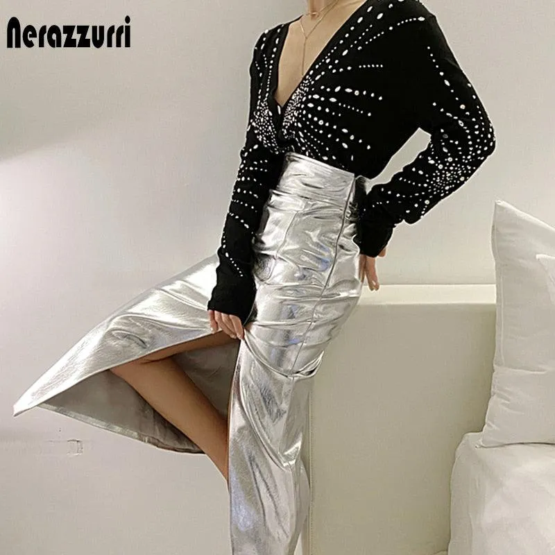 Reflective patent leather skirt with high waist and side slit - Buy now