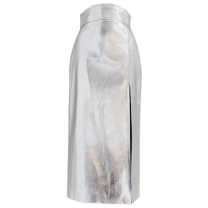 Reflective patent leather skirt with high waist and side slit - Buy now