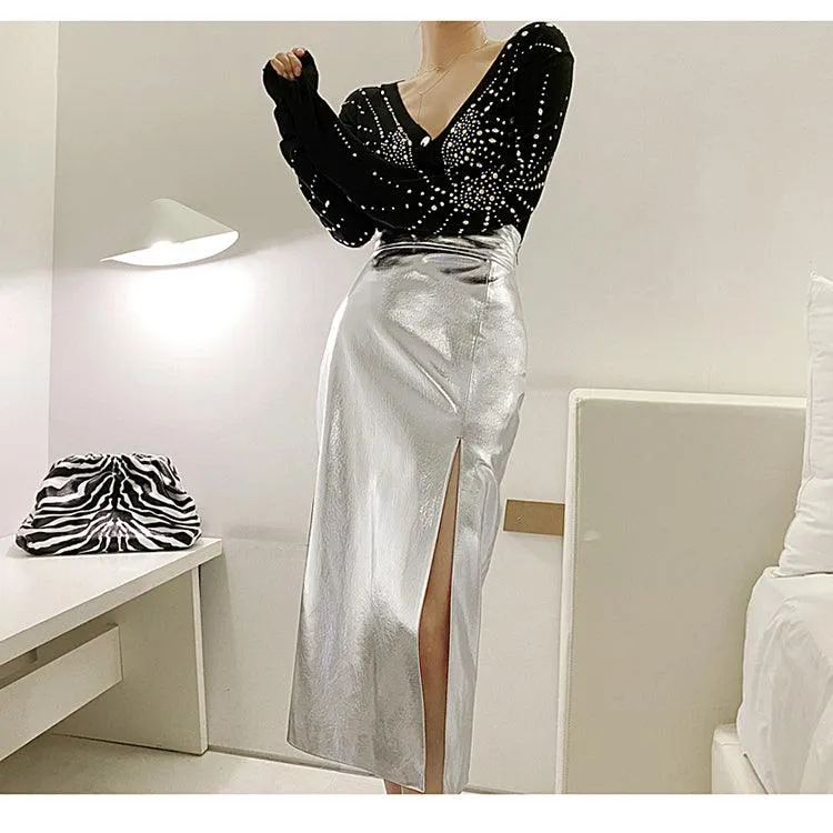 Reflective patent leather skirt with high waist and side slit - Buy now