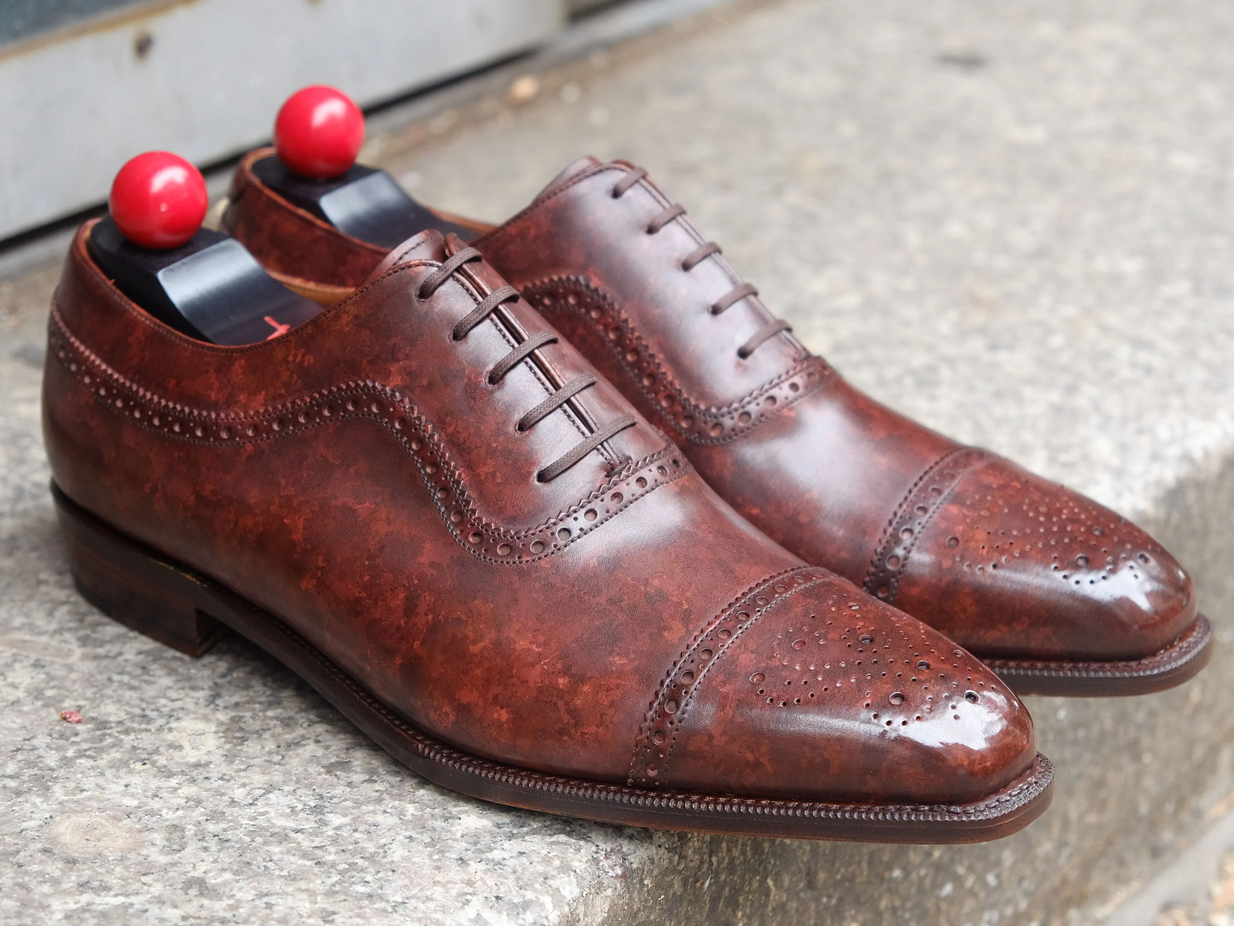 Riviera walnut marble patina shoes, made to order, featuring MGF last and single leather sole.