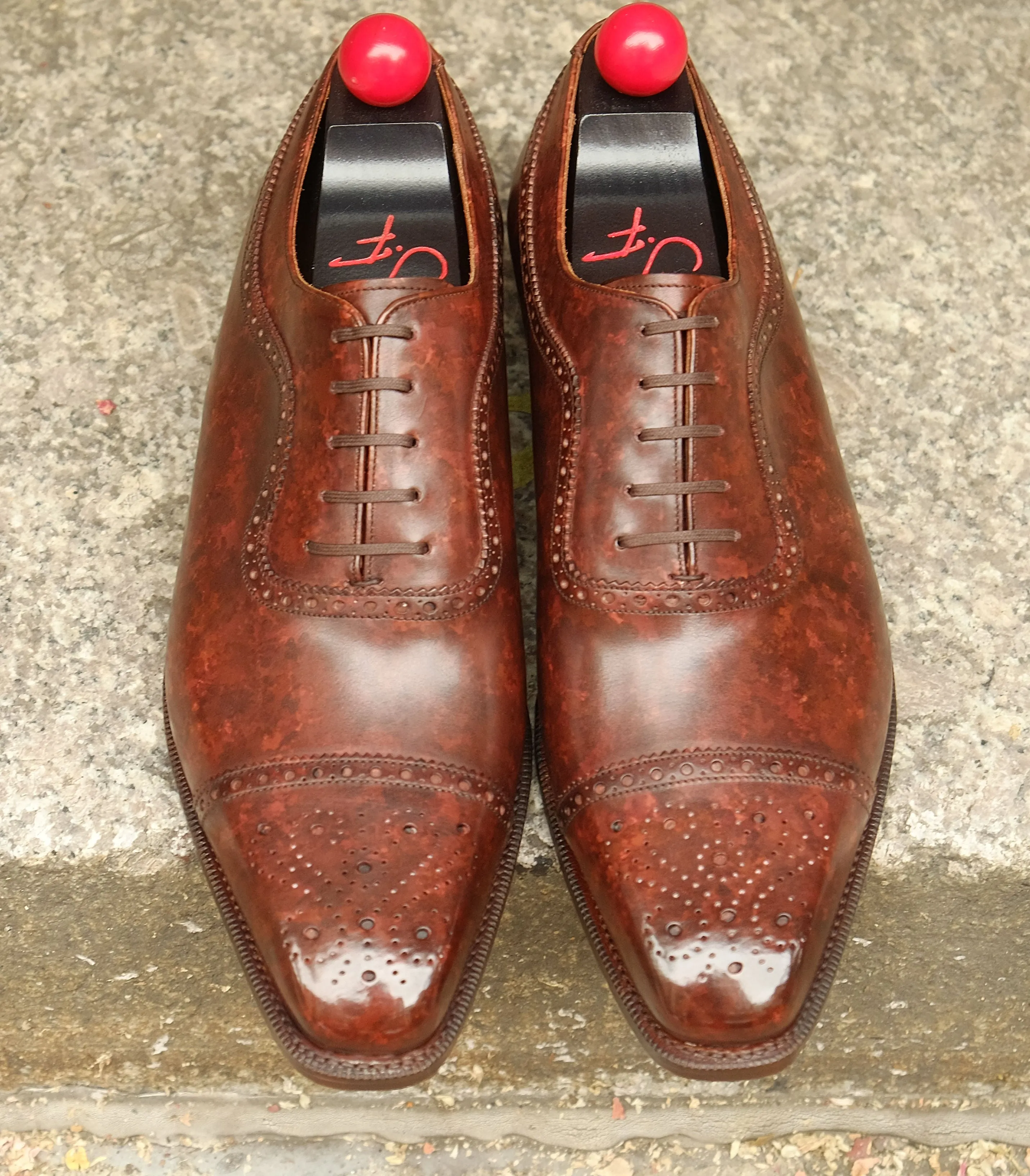 Riviera walnut marble patina shoes, made to order, featuring MGF last and single leather sole.