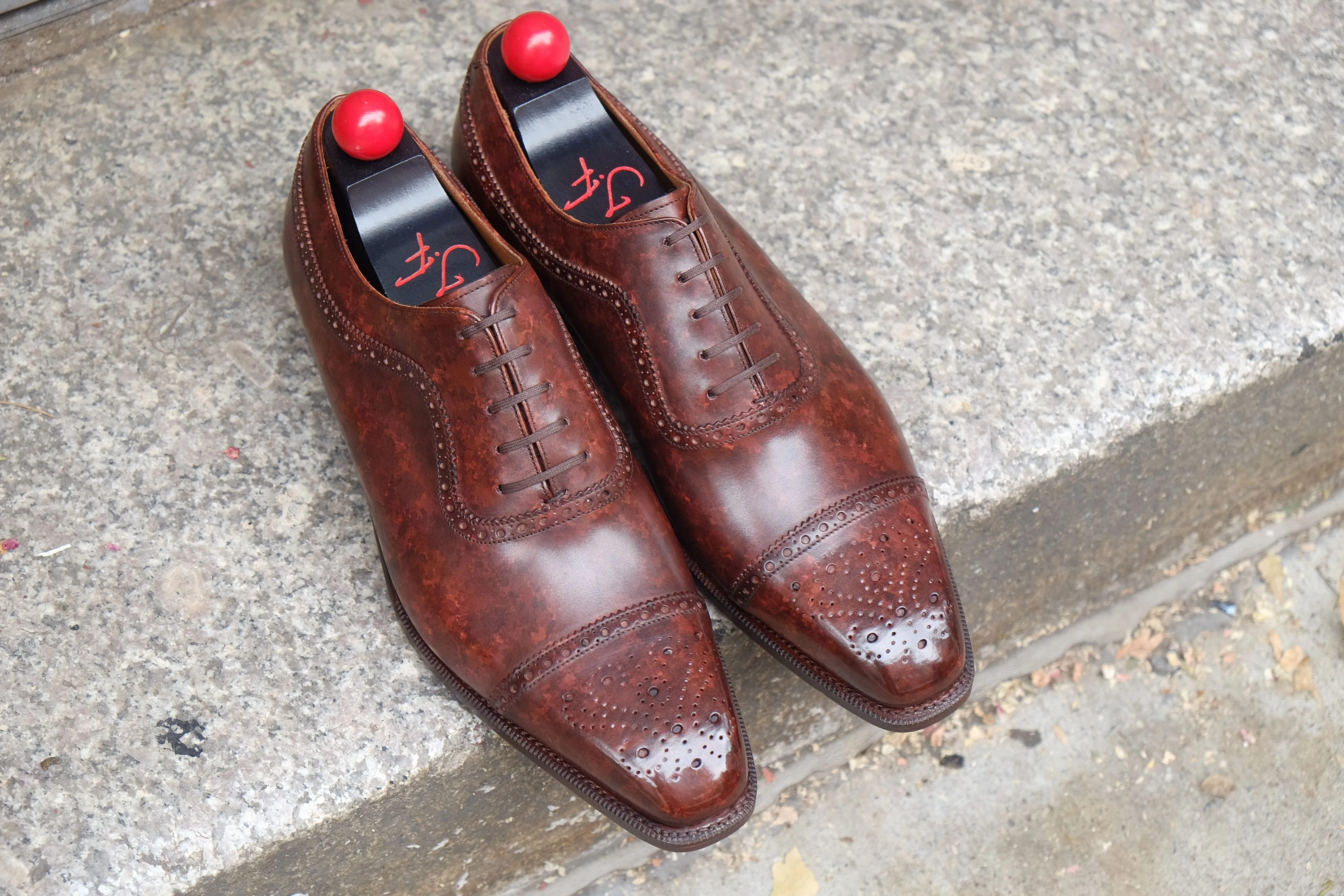 Riviera walnut marble patina shoes, made to order, featuring MGF last and single leather sole.