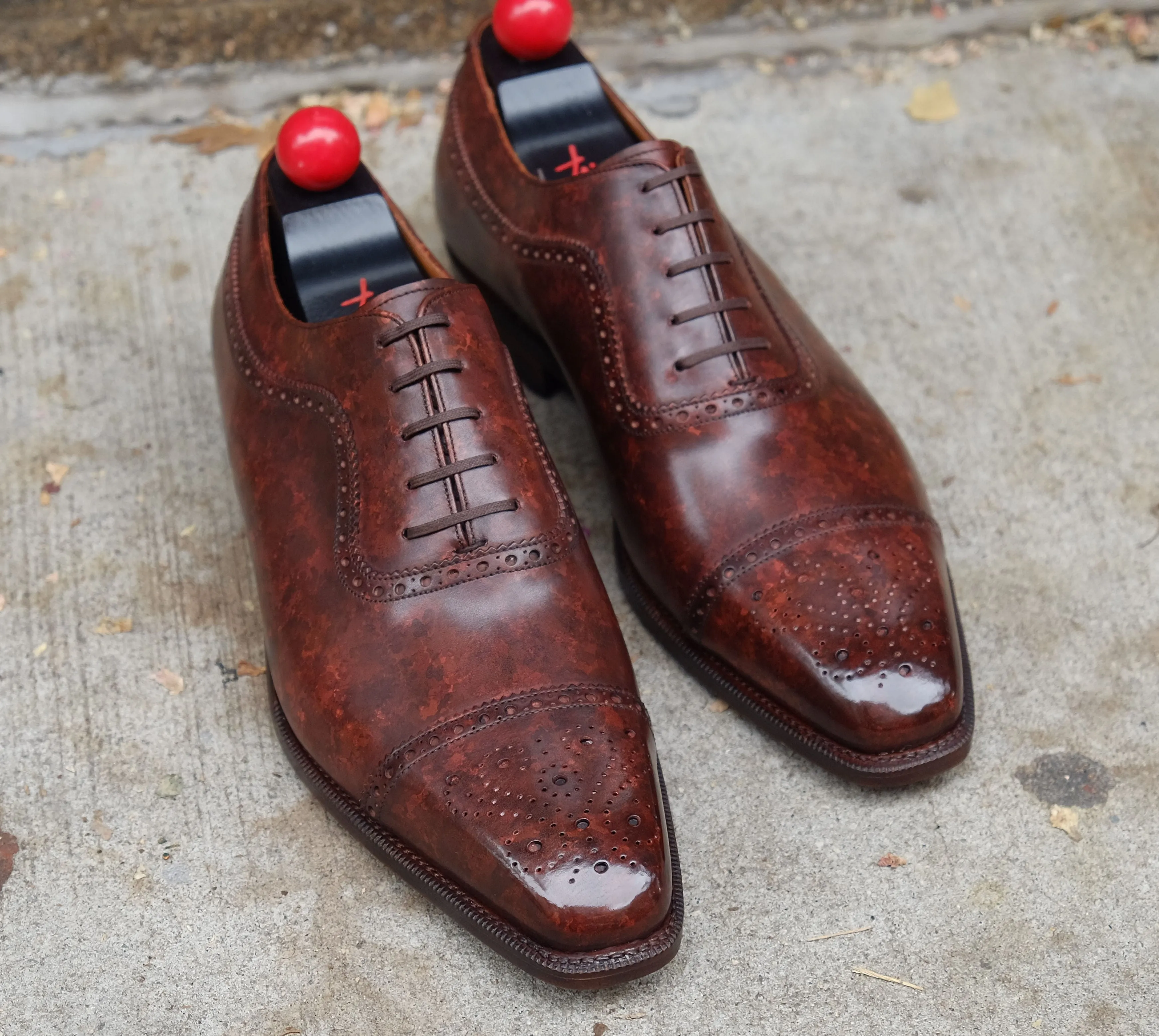 Riviera walnut marble patina shoes, made to order, featuring MGF last and single leather sole.