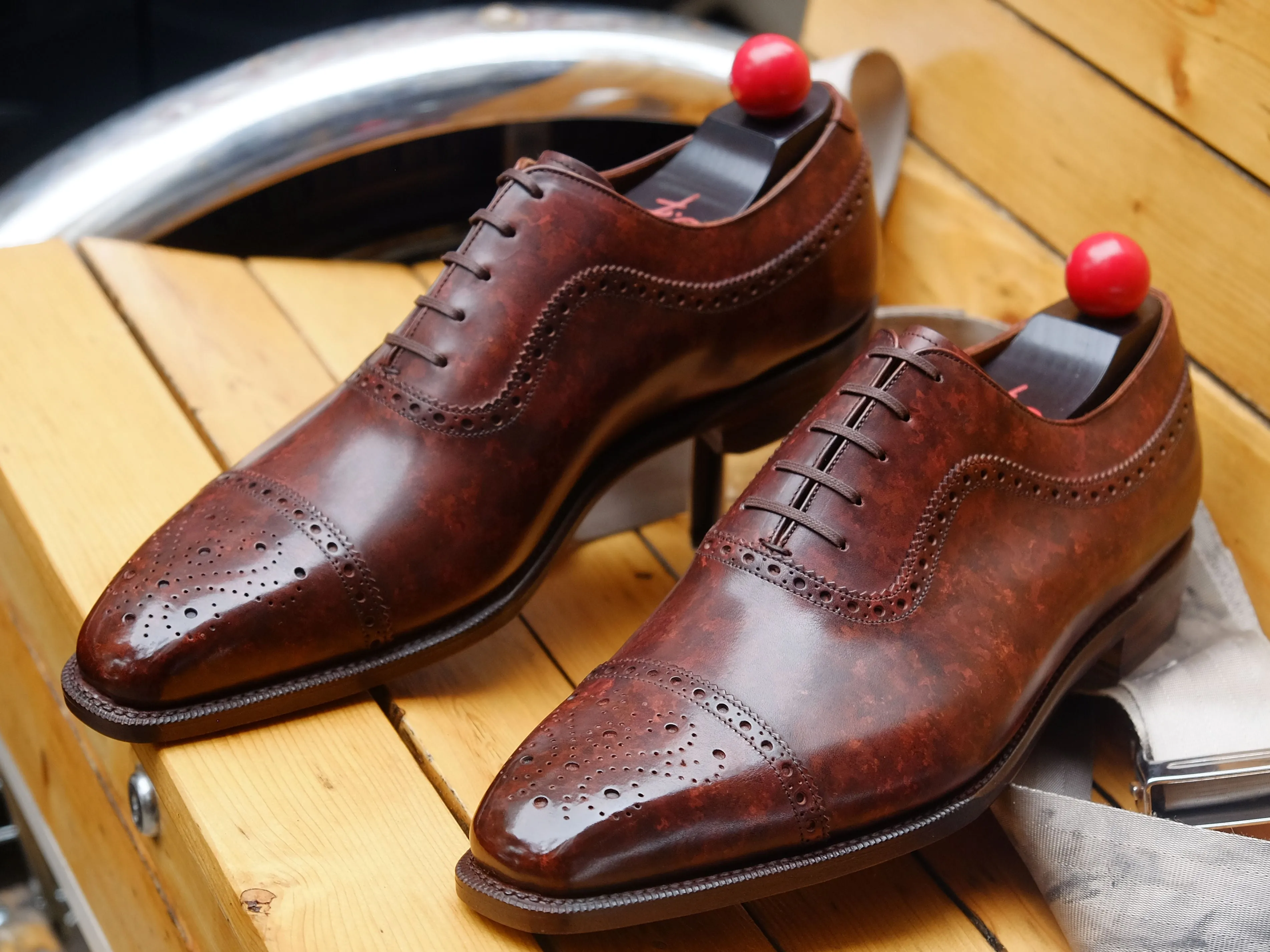 Riviera walnut marble patina shoes, made to order, featuring MGF last and single leather sole.