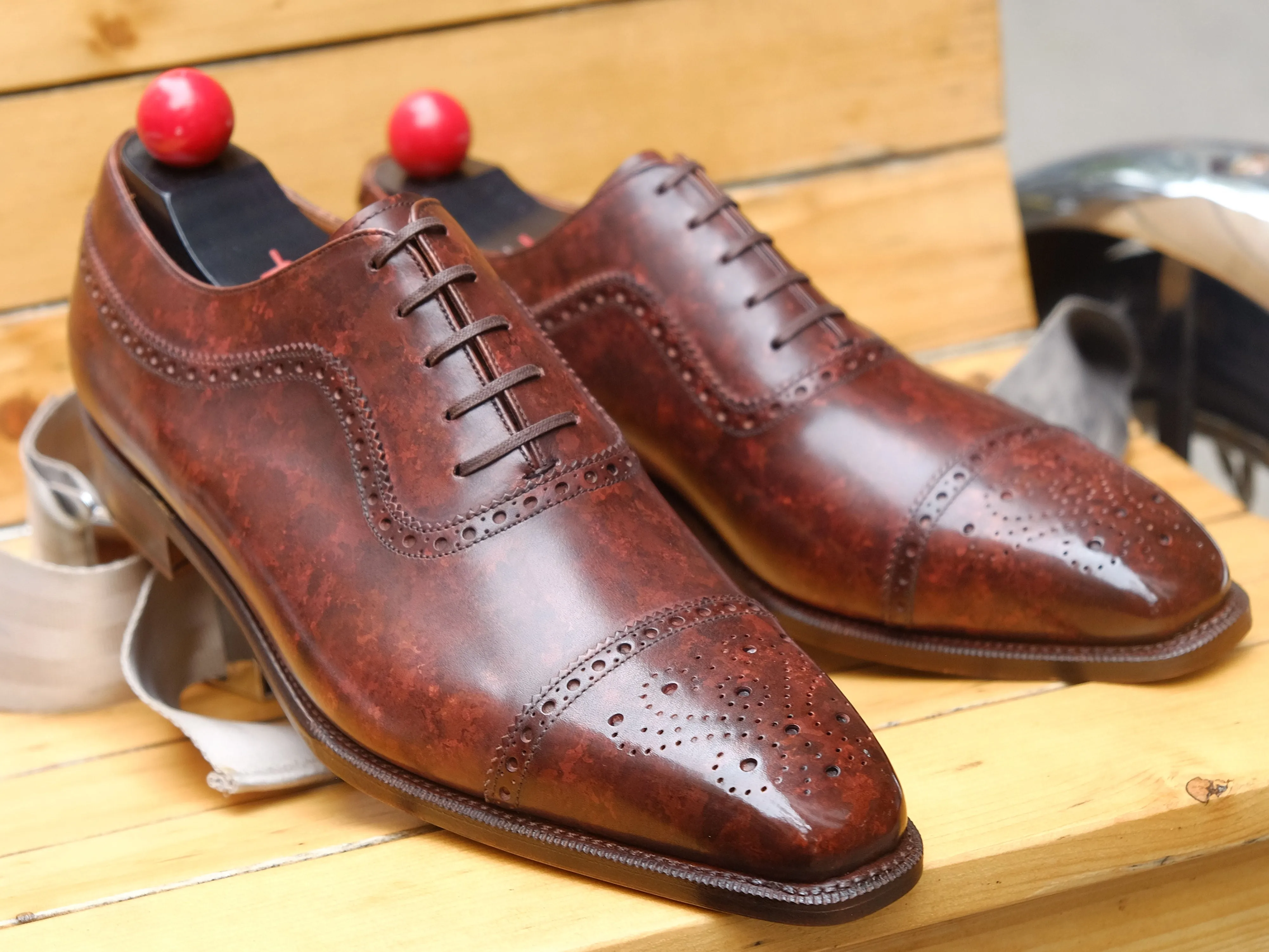 Riviera walnut marble patina shoes, made to order, featuring MGF last and single leather sole.