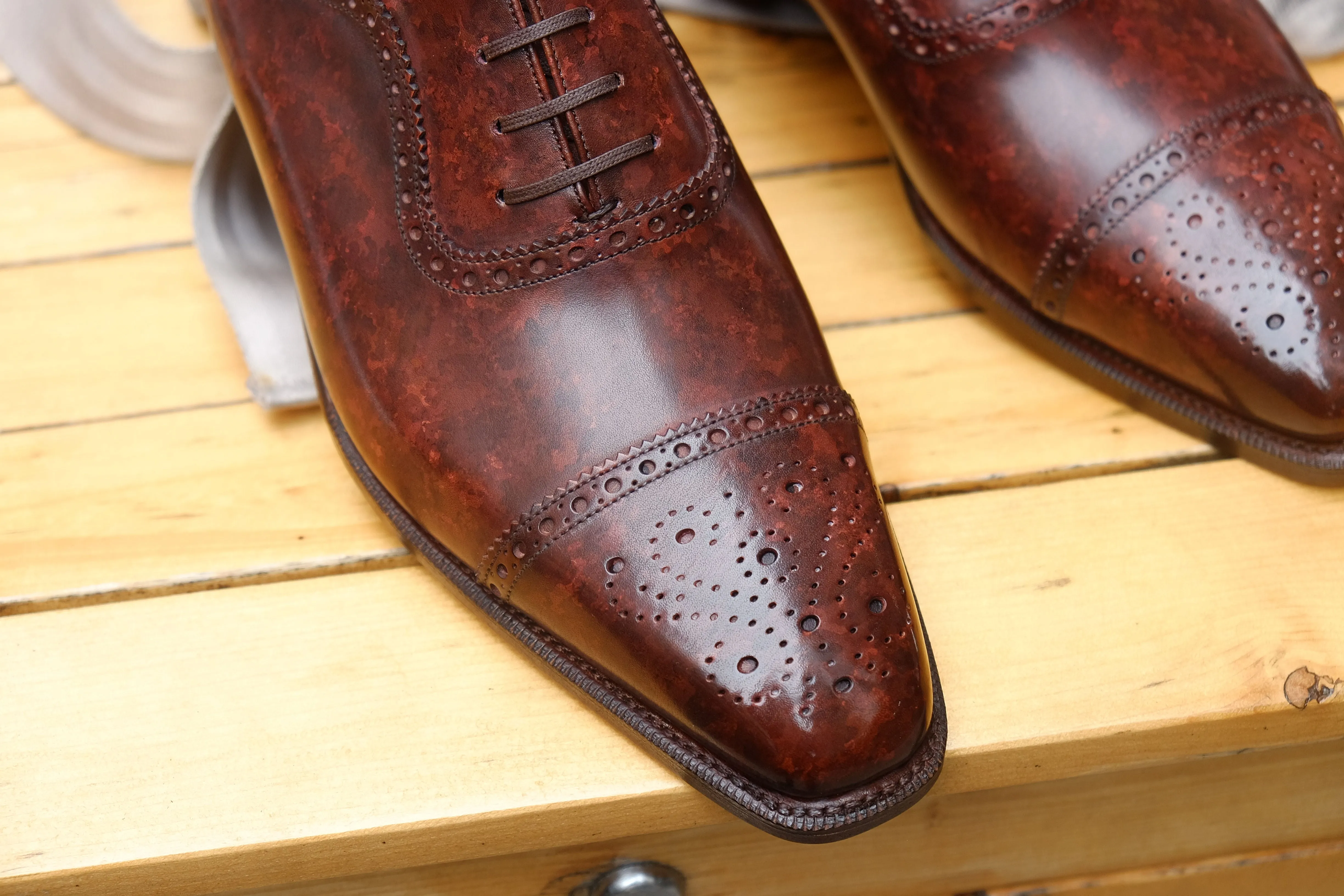 Riviera walnut marble patina shoes, made to order, featuring MGF last and single leather sole.