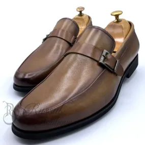 Robert Wood brown leather loafers with side buckle.