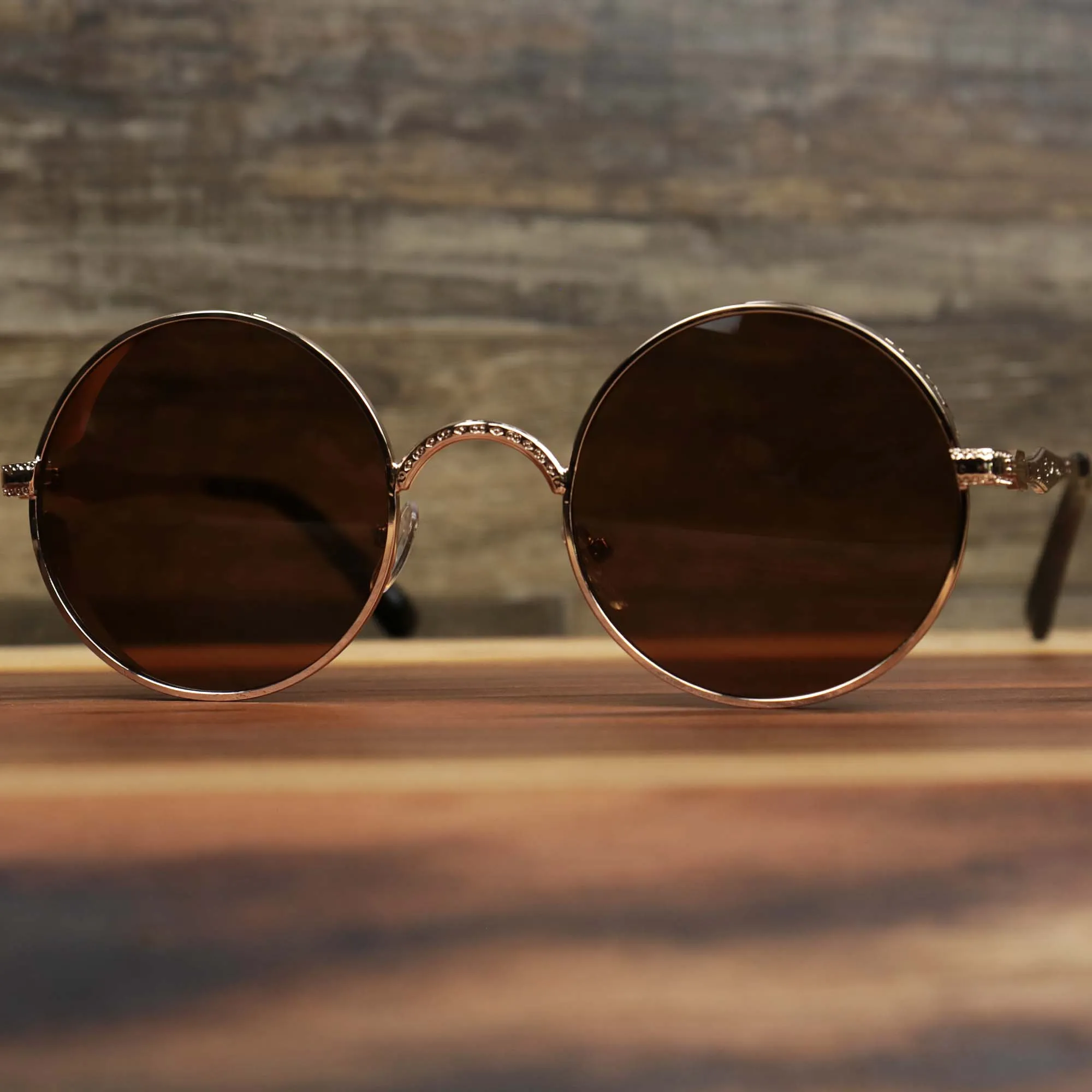 Round Frame Arched Bridge Sunglasses, Brown Lens, Gold Frame