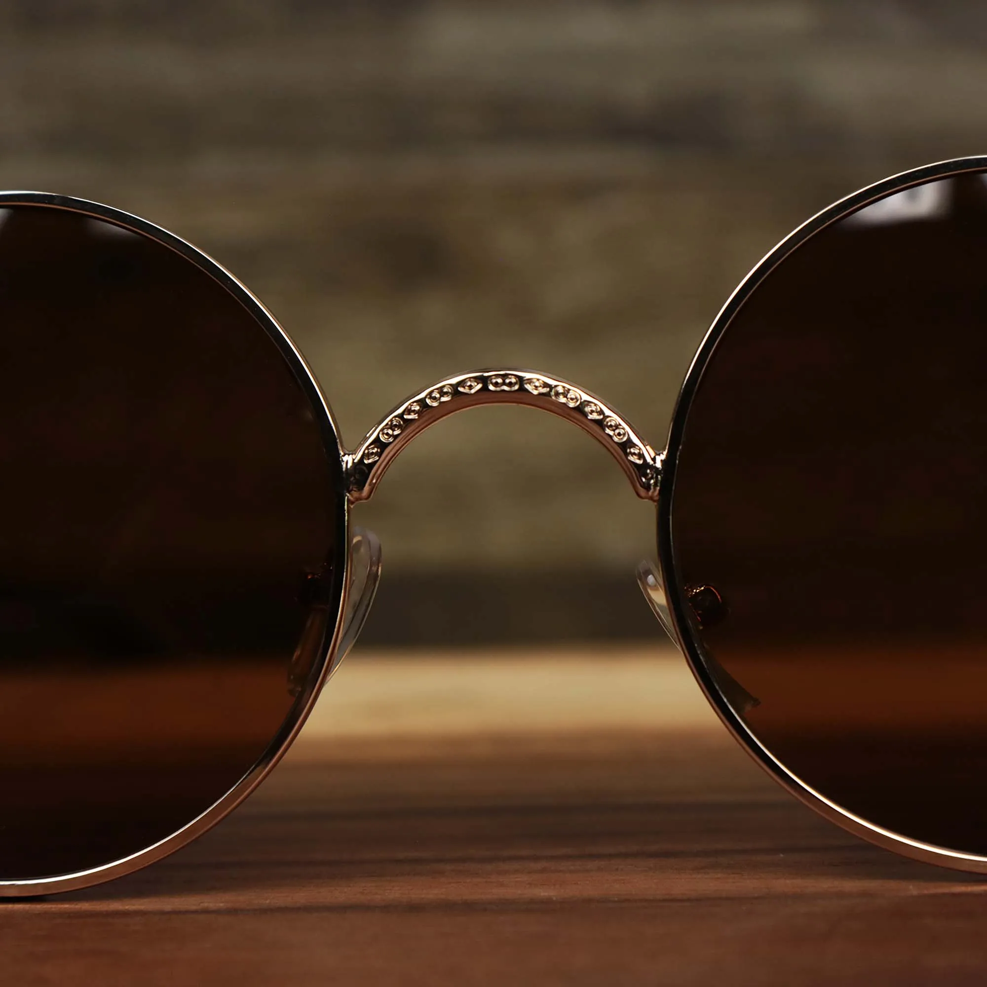 Round Frame Arched Bridge Sunglasses, Brown Lens, Gold Frame