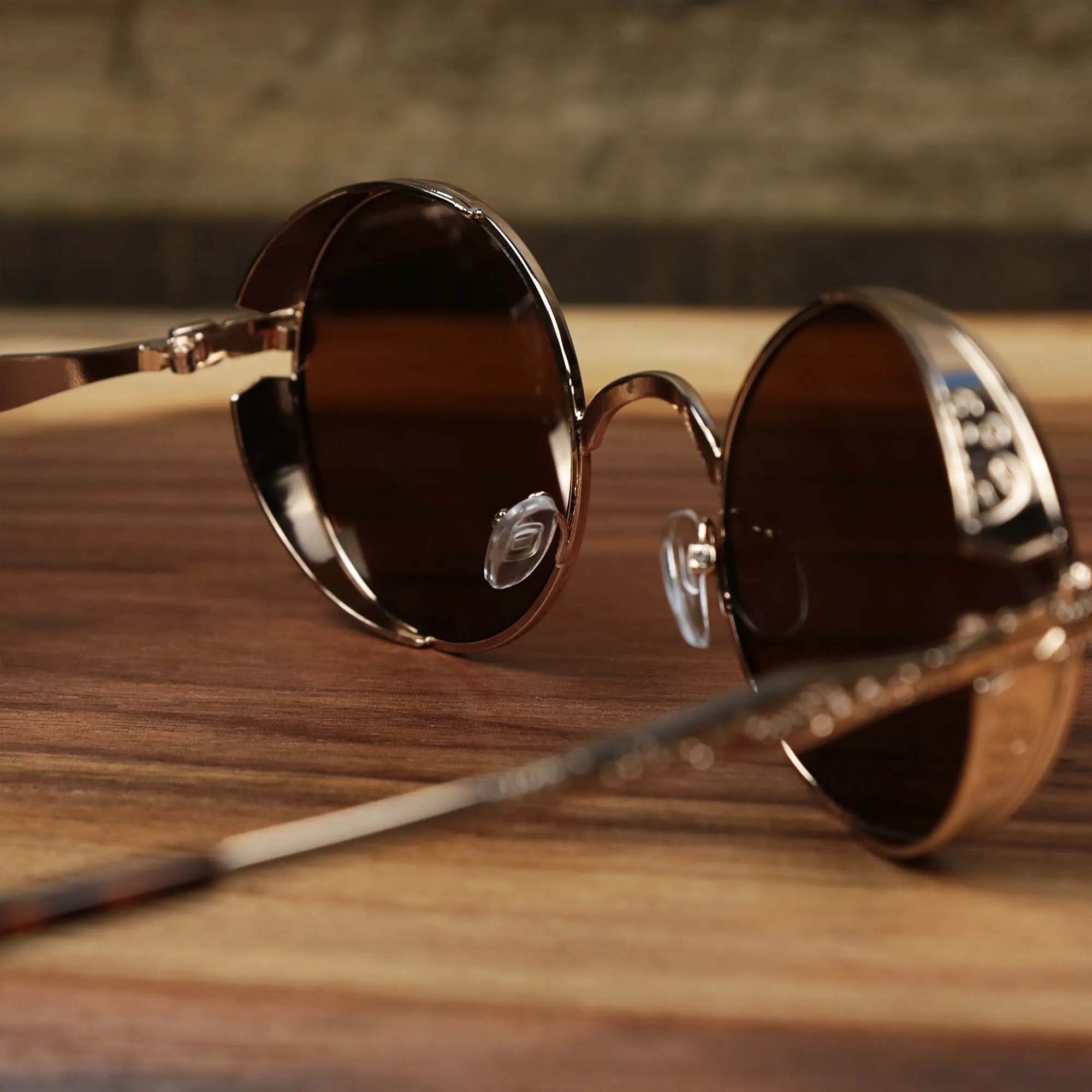 Round Frame Arched Bridge Sunglasses, Brown Lens, Gold Frame