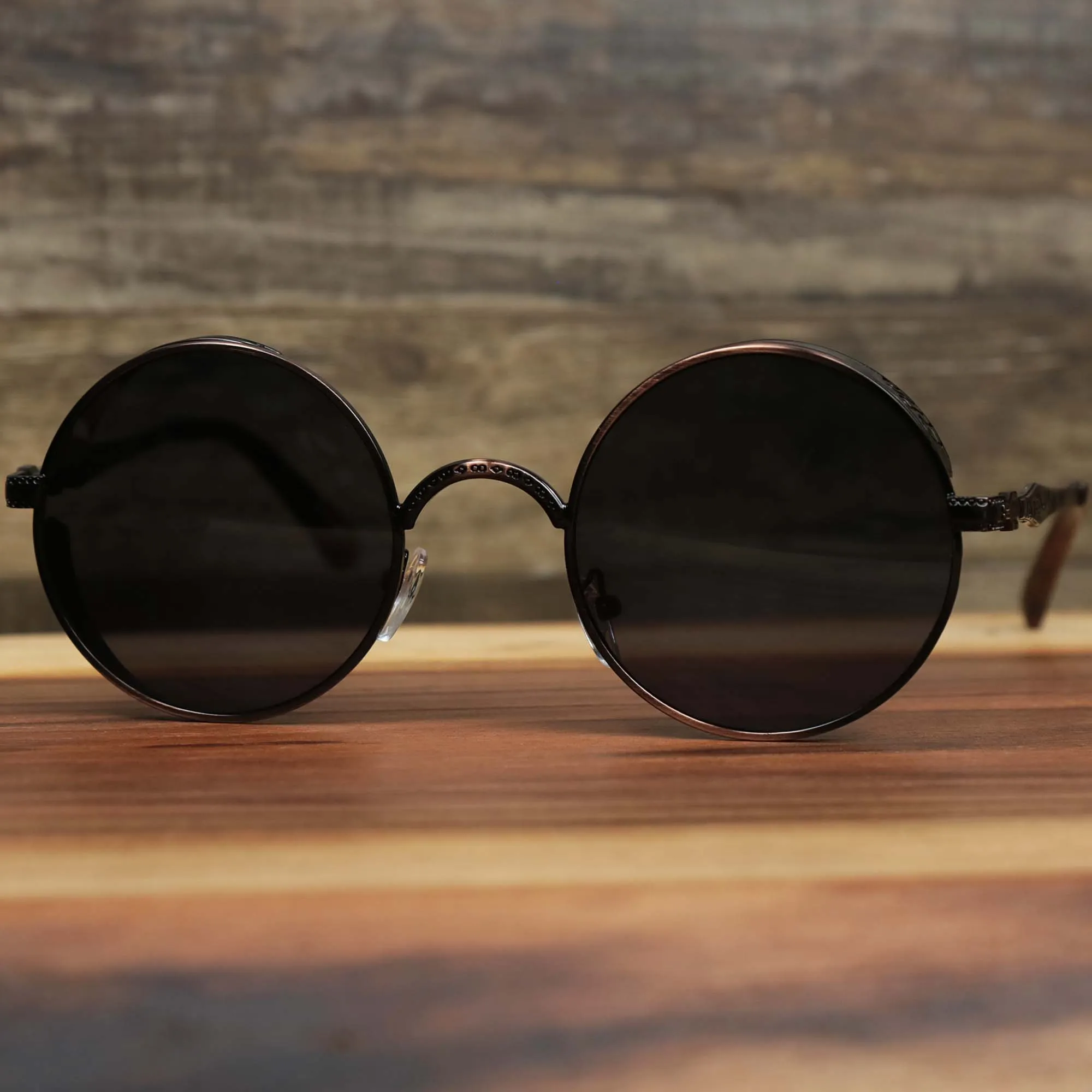 Round Frame Arched Bridge Sunglasses with Black Lenses and Brown Frame