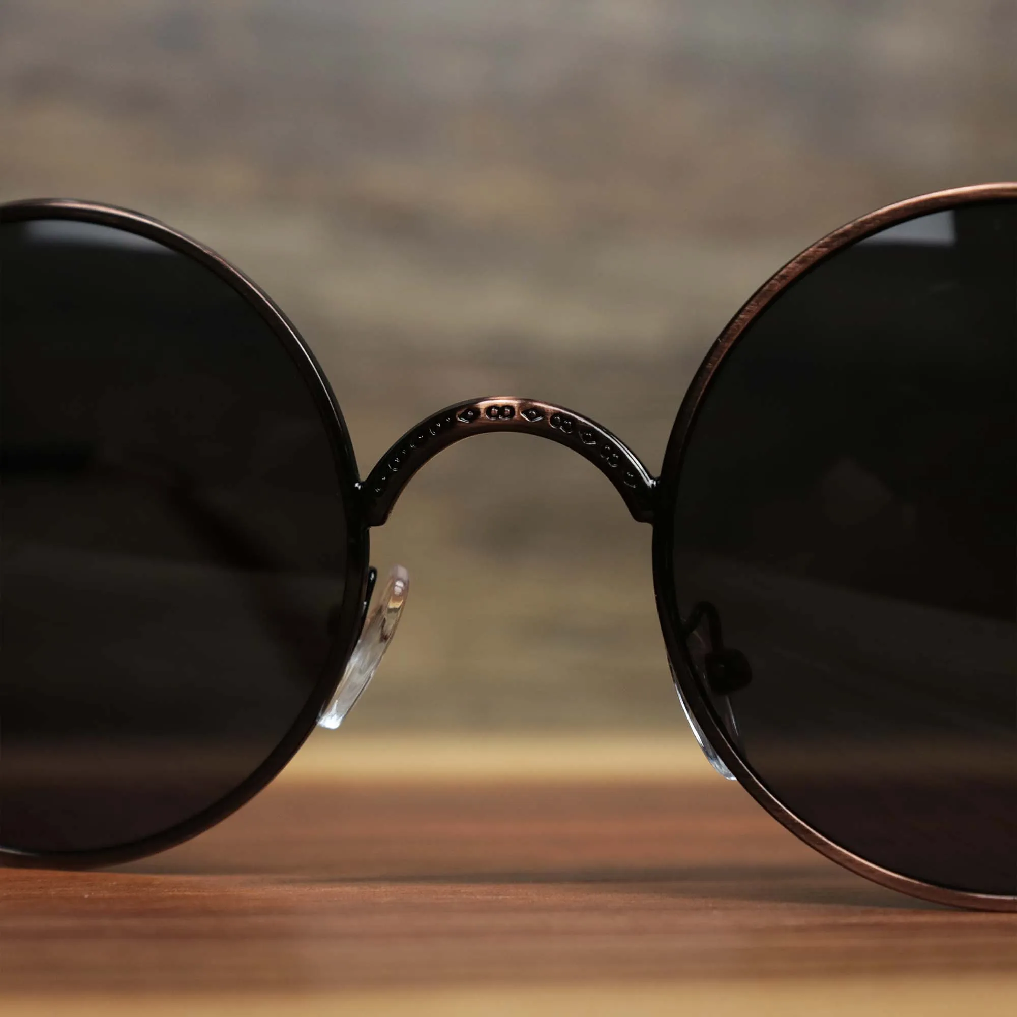 Round Frame Arched Bridge Sunglasses with Black Lenses and Brown Frame