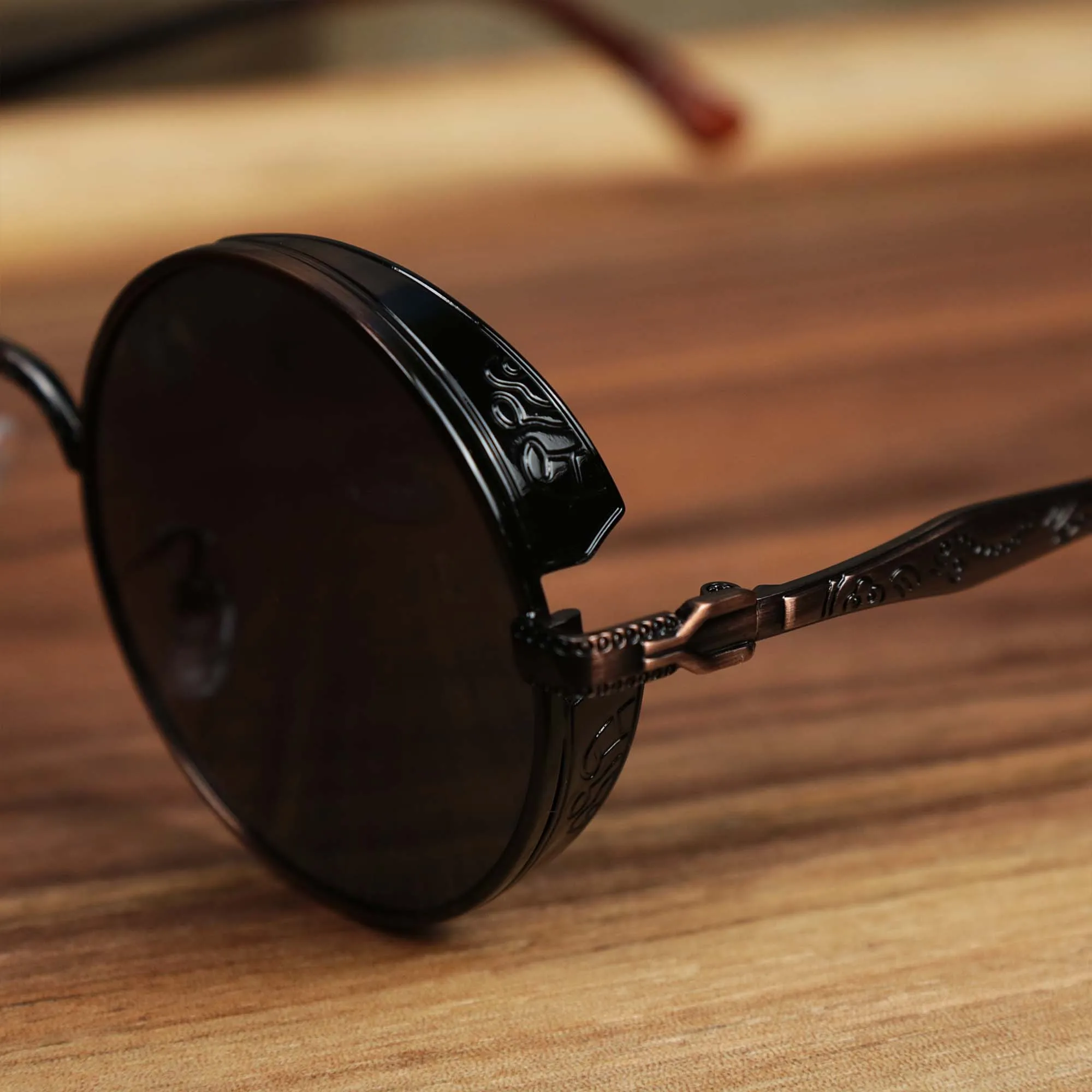 Round Frame Arched Bridge Sunglasses with Black Lenses and Brown Frame