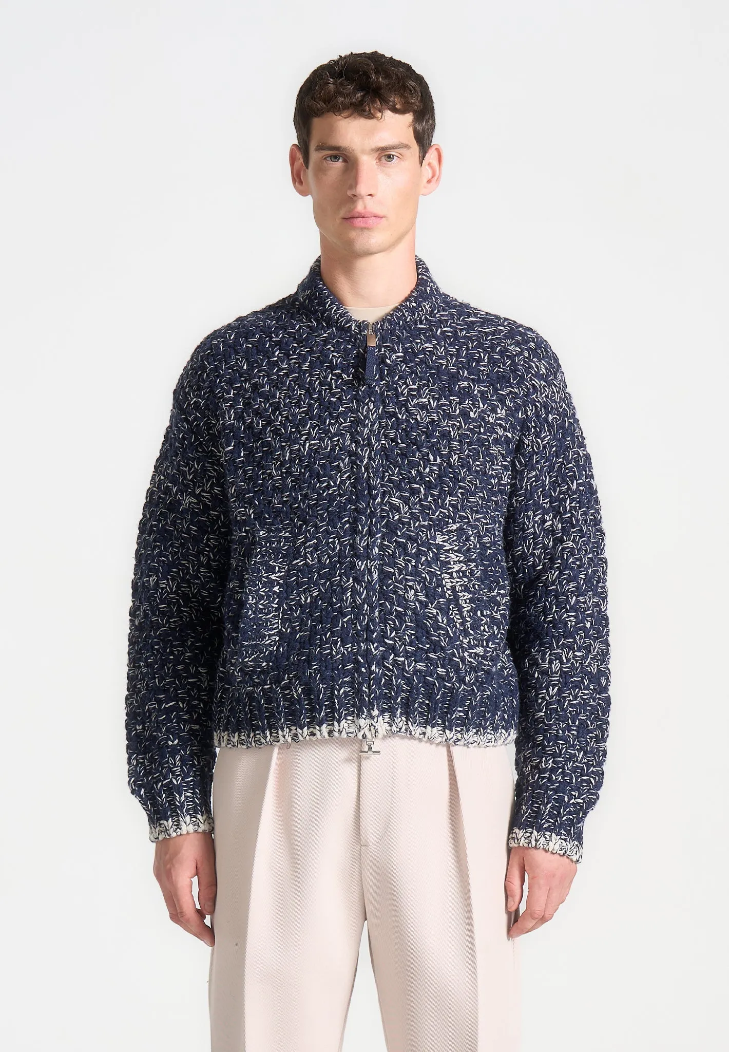 Speckled Knit Zip Up Bomber Jacket - Navy