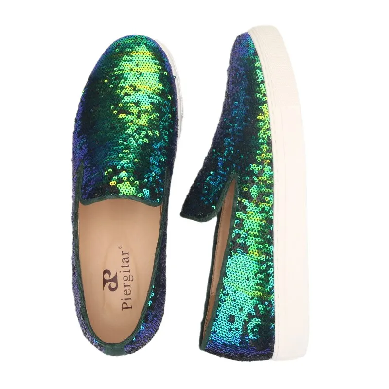 Teal Sequins Loafers - Handmade, New Style