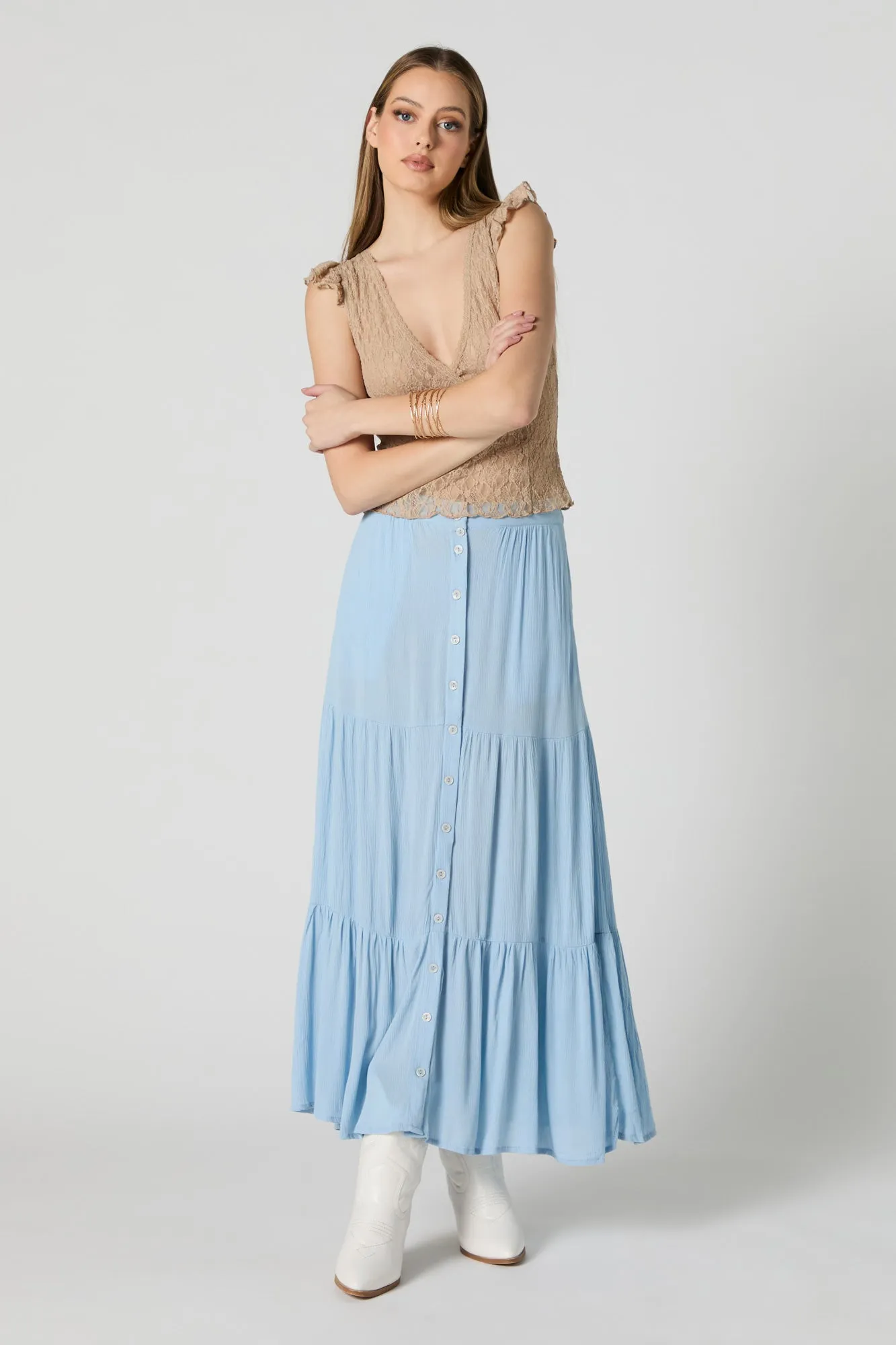 Tiered Maxi Skirt with Buttons