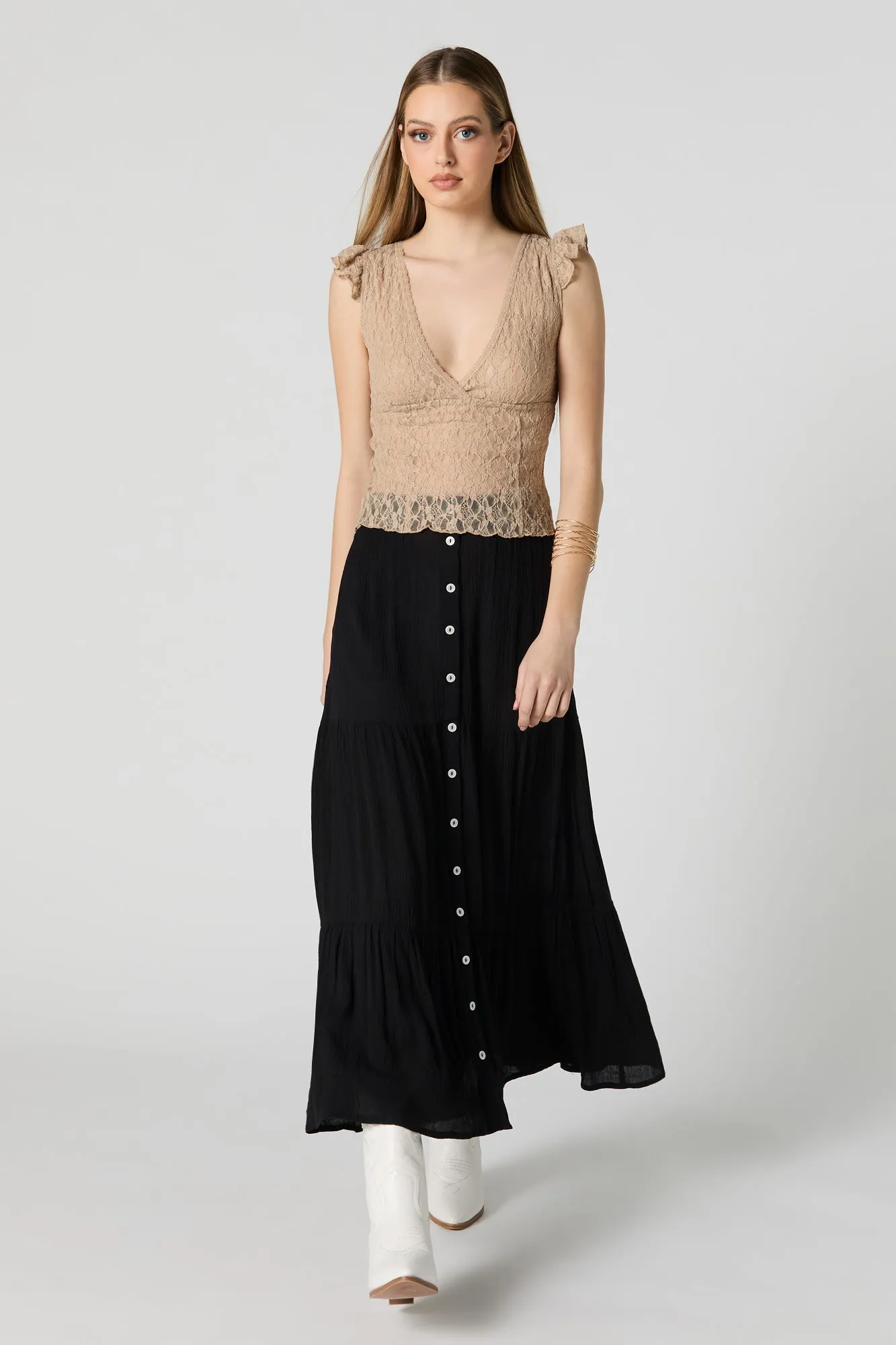 Tiered Maxi Skirt with Buttons