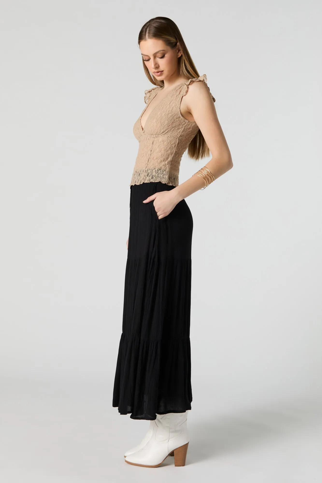 Tiered Maxi Skirt with Buttons