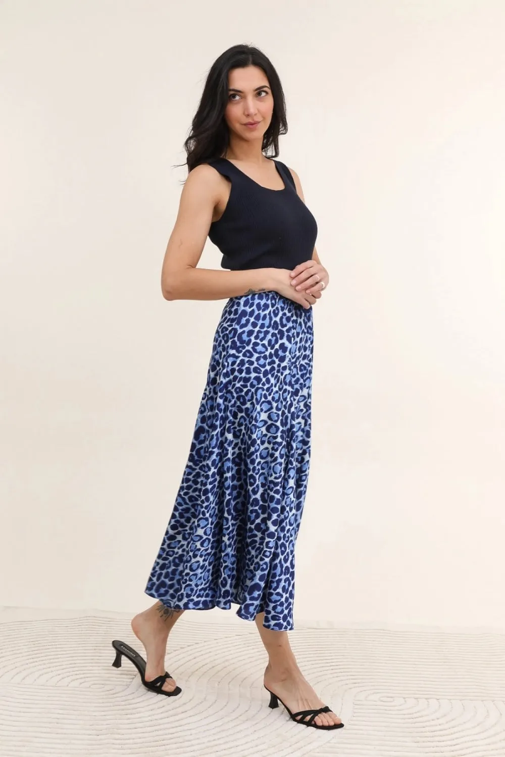 Valentina Satin Skirt, Blue Leopard