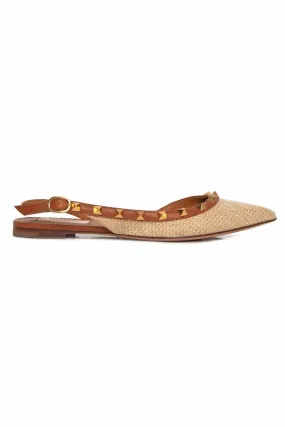 Valentino Rockstud Slingback Flats, Size 36, Raffia Calfskin