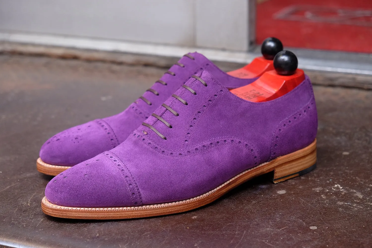 Windermere Suede Shoes - Purple Color with Natural Edge Trim - TMG Last - Double Leather Sole - Shop Now