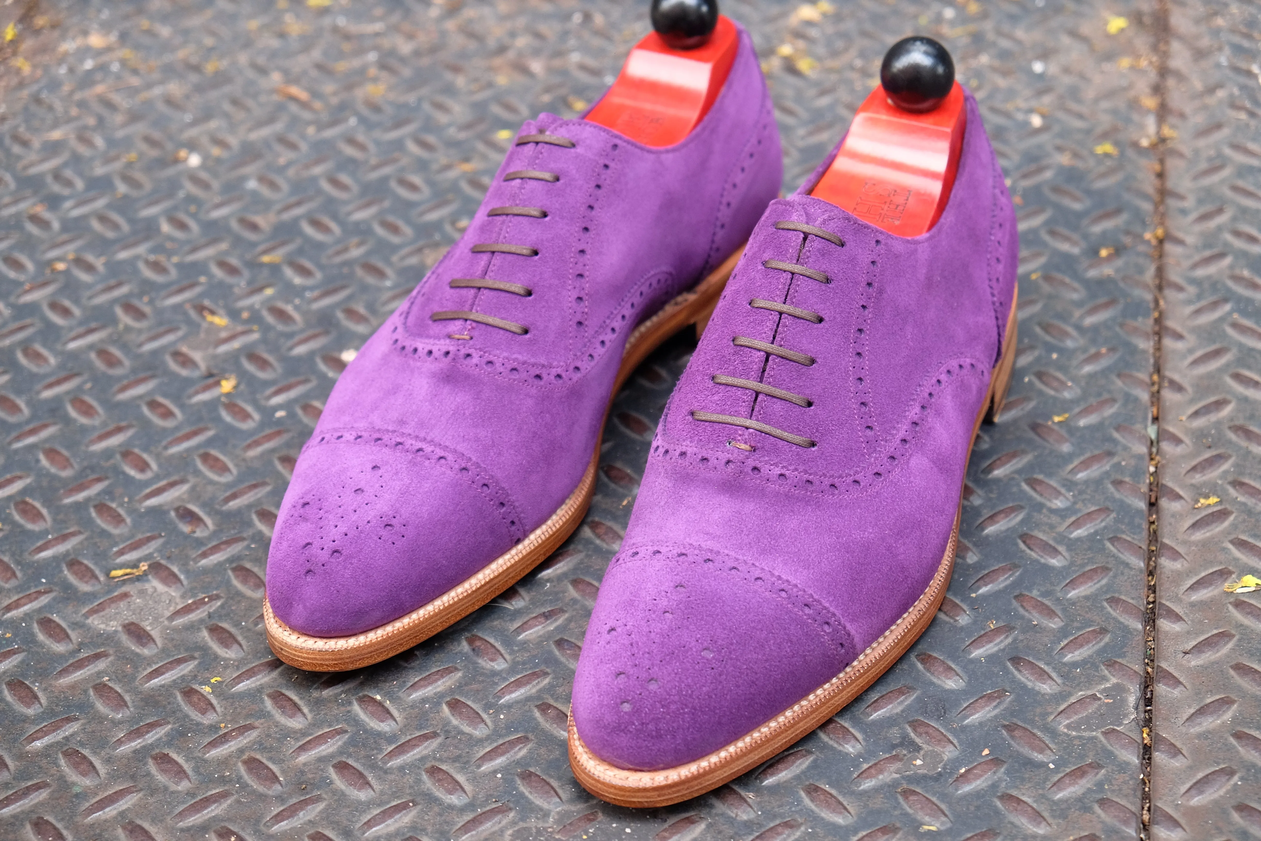 Windermere Suede Shoes - Purple Color with Natural Edge Trim - TMG Last - Double Leather Sole - Shop Now