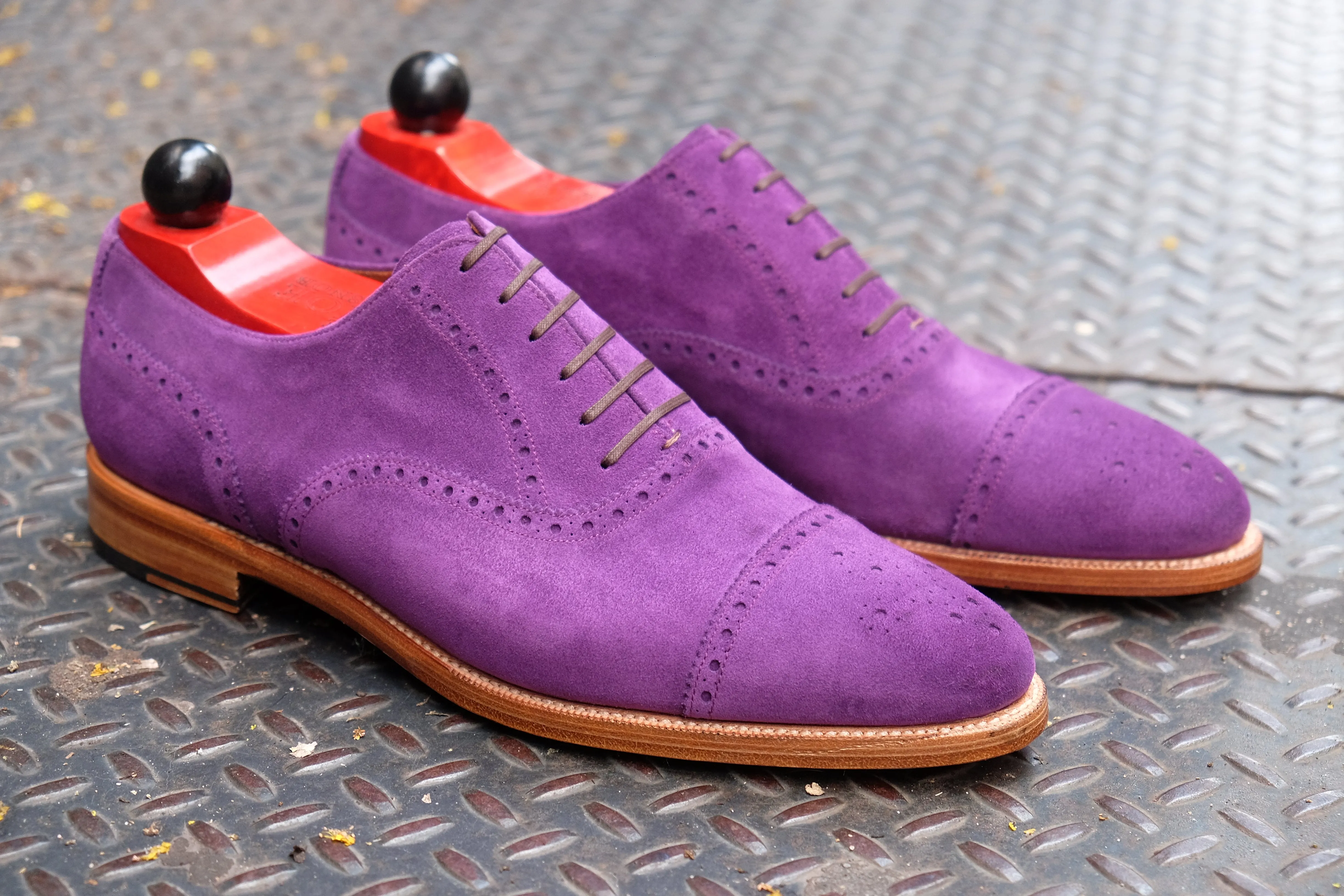 Windermere Suede Shoes - Purple Color with Natural Edge Trim - TMG Last - Double Leather Sole - Shop Now