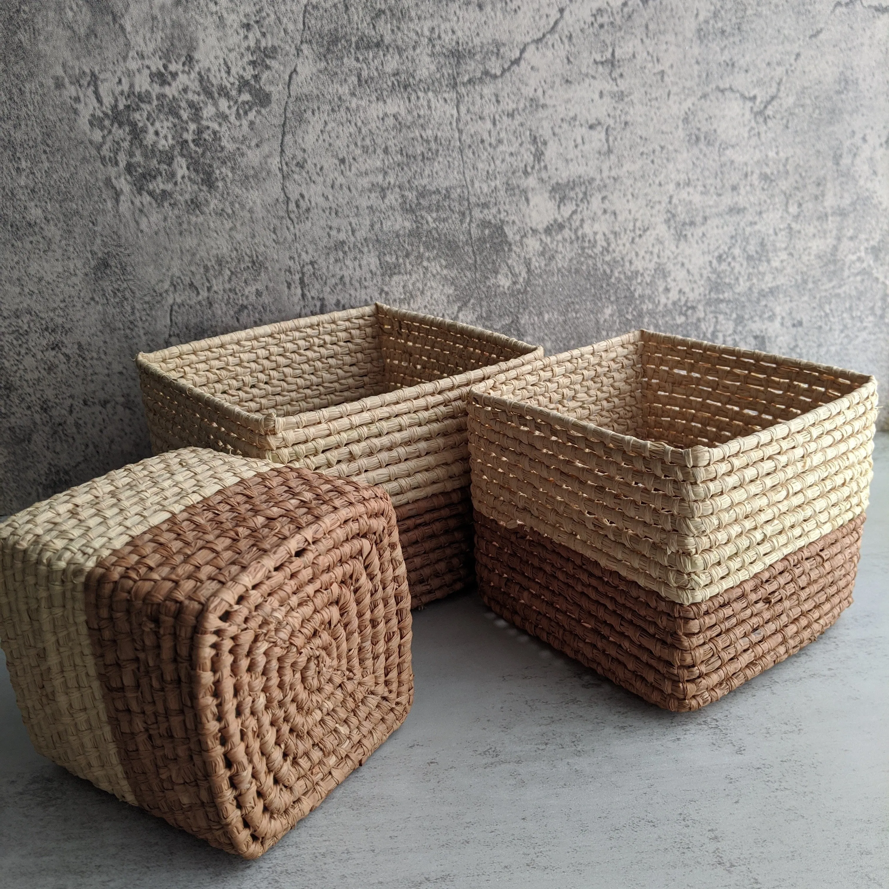 Woven Square Straw Baskets - Set of 3